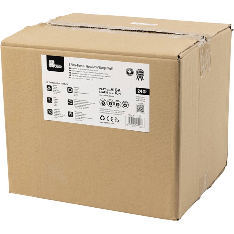 VIGA puslespilsreol med 12 puslespil, str. 23x27,5x23,5 cm, 12X9 brikker, 12 dele/ 1 s&aelig;t