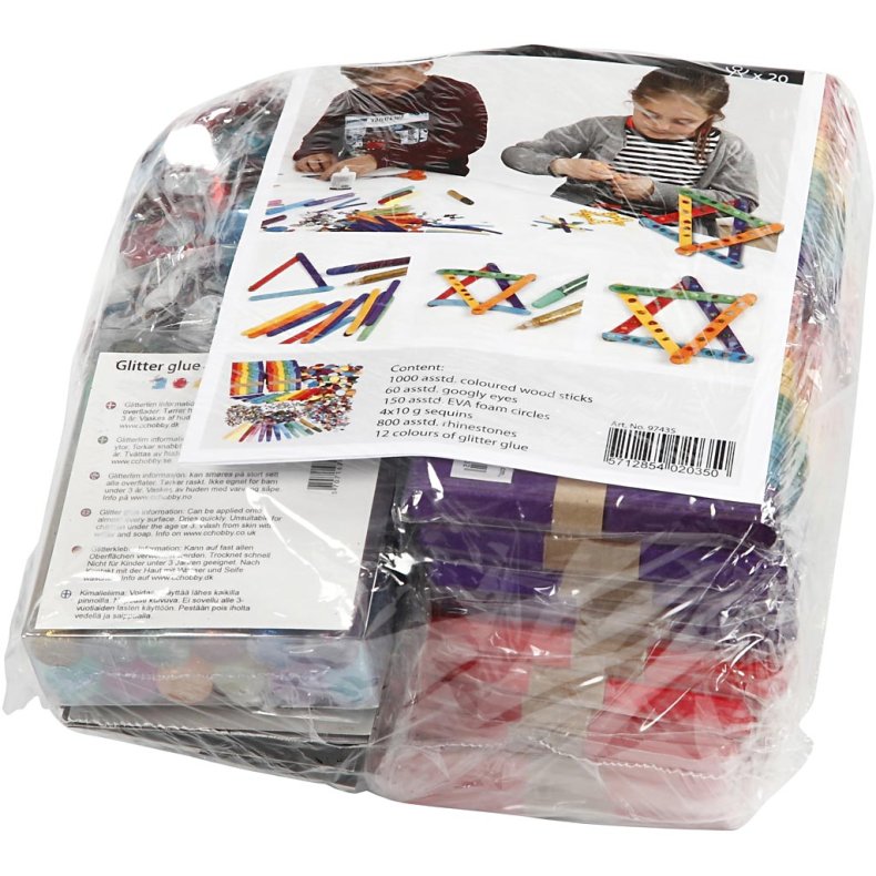 Glitter, glimmer og tr&aelig;pinde, ass. farver, 1 s&aelig;t