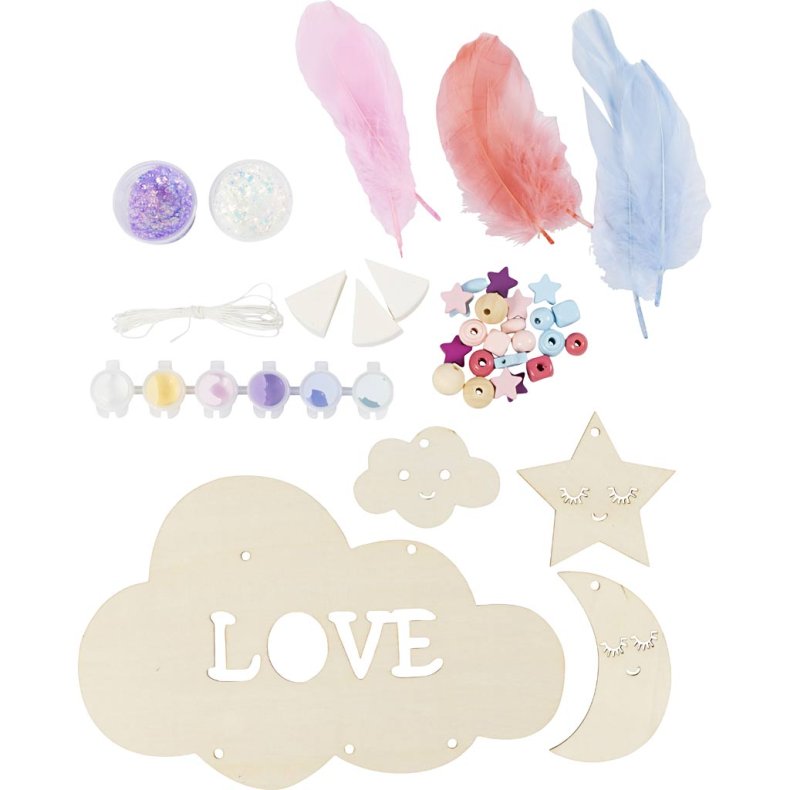 DIY Kit Dekoration, Sky, m&aring;ne, stjerne, glitterfarver, pastelfarver, 1 pk.