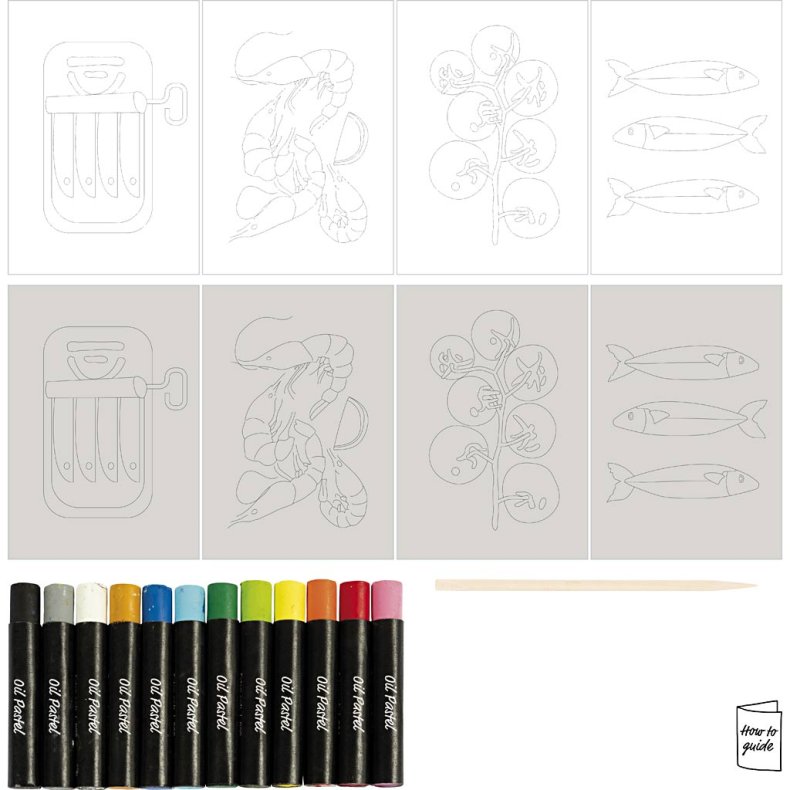 Mini DIY Kit Oliepastel, Fisk og skaldyr, gr&aring;, hvid, 1 pk.