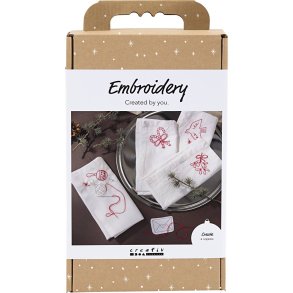 DIY Kit Broderi, Juleservietter, juler&oslash;d, 1 pk.