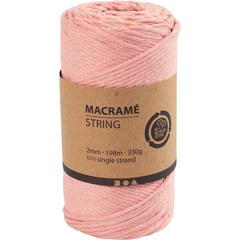 Macram&eacute; Snor, L: 198 M, diam. 2 mm, rosa, 330 g/ 1 rl.