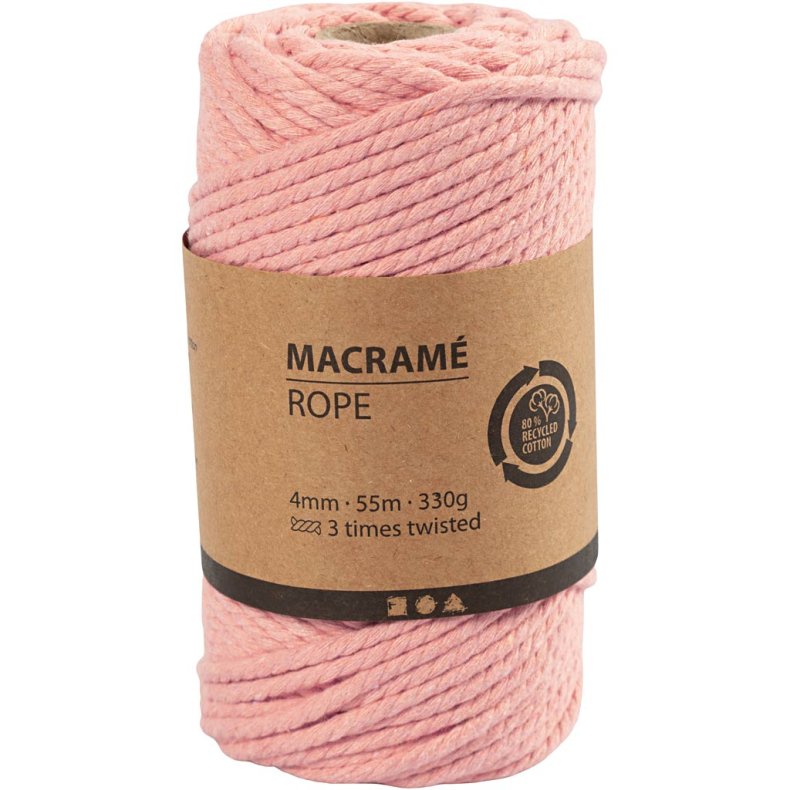 Macram&eacute; reb, L: 55 M, diam. 4 mm, rosa, 330 g/ 1 rl.