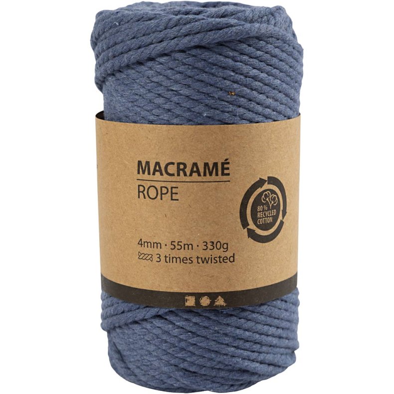 Macram&eacute; reb, L: 55 M, diam. 4 mm, bl&aring;, 330 g/ 1 rl.