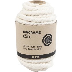 Macram&eacute; reb, L: 12 M, diam. 8,5 mm, r&aring;hvid, 300 g/ 1 rl.