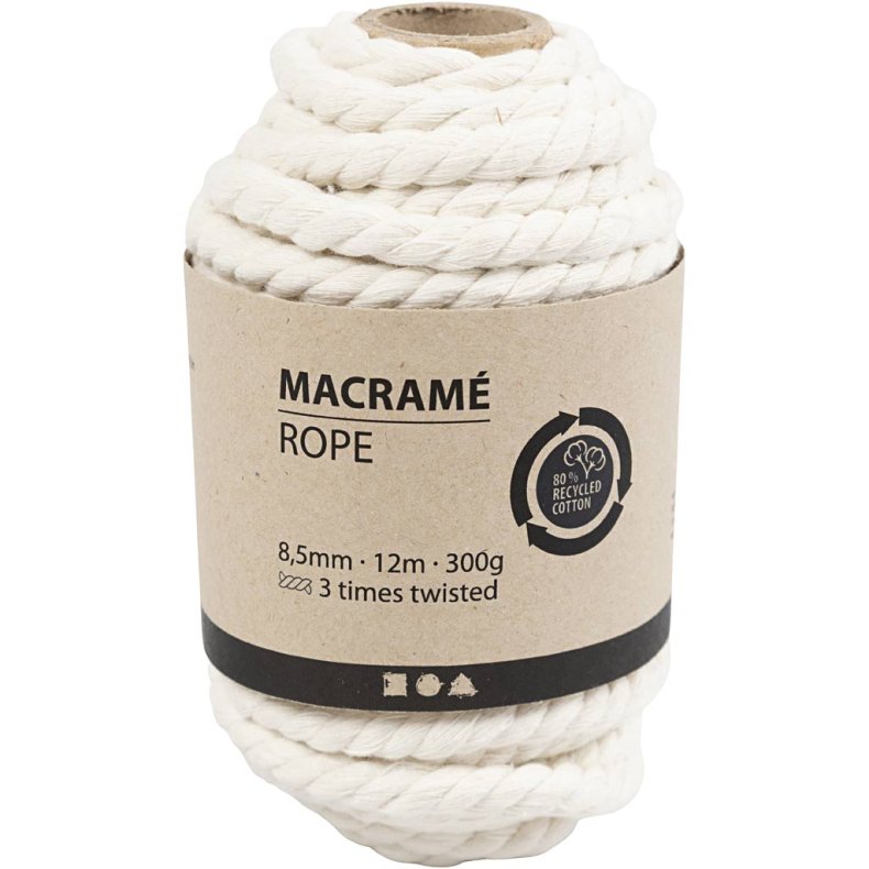 Macram&eacute; reb, L: 12 M, diam. 8,5 mm, r&aring;hvid, 300 g/ 1 rl.