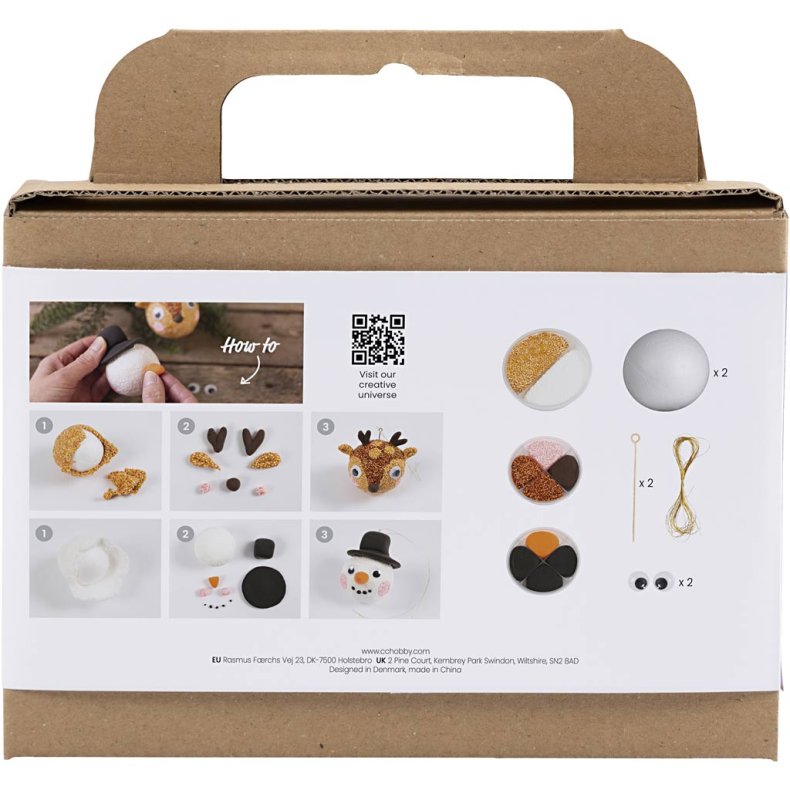 Mini DIY Kit Julekugler, Rensdyr og snemand, 1 pk.