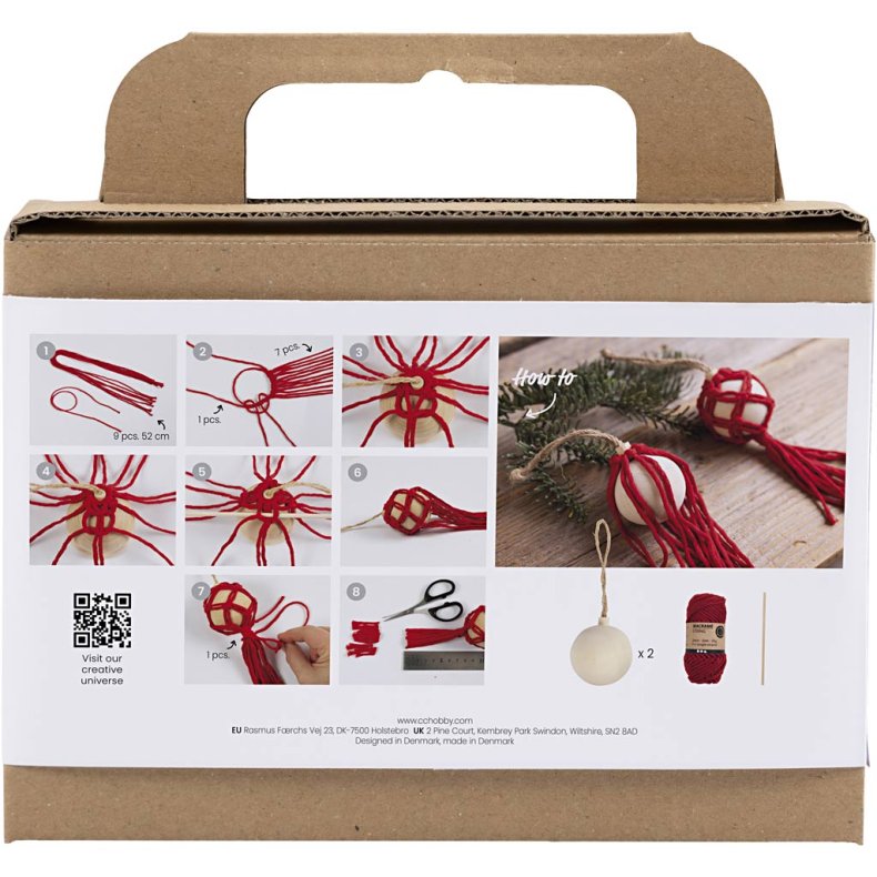 DIY Kit Julekugler, Macram&eacute;, juler&oslash;d, 1 pk.