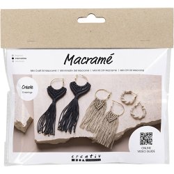 Mini DIY Kit Macram&eacute;, &Oslash;reringe, sort, olivenbrun, sand, 1 pk.