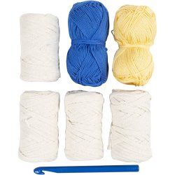 DIY Kit H&aelig;kle, Chunky b&oslash;llehat, bl&aring;, lys natur, gul, 1 pk.