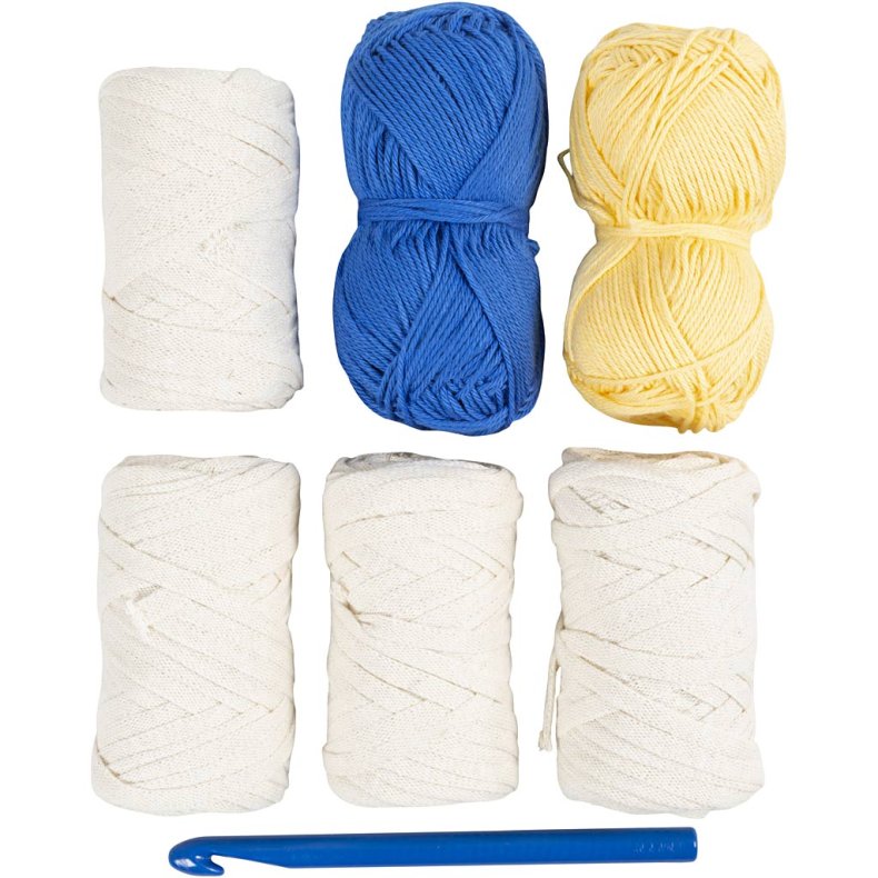 DIY Kit H&aelig;kle, Chunky b&oslash;llehat, bl&aring;, lys natur, gul, 1 pk.