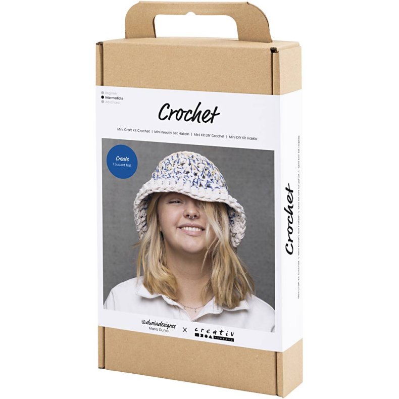 DIY Kit H&aelig;kle, Chunky b&oslash;llehat, bl&aring;, lys natur, gul, 1 pk.