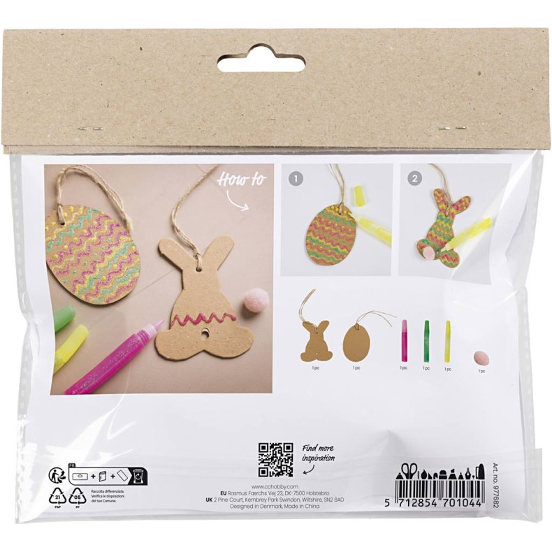 Mini DIY Kit Dekoration, &AElig;g og hare, brun, gr&oslash;n, pink, gul, 1 pk.