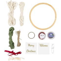 DIY Kit Macram&eacute;, Julekrans, mos gr&oslash;n, juler&oslash;d, r&aring;hvid, 1 pk.