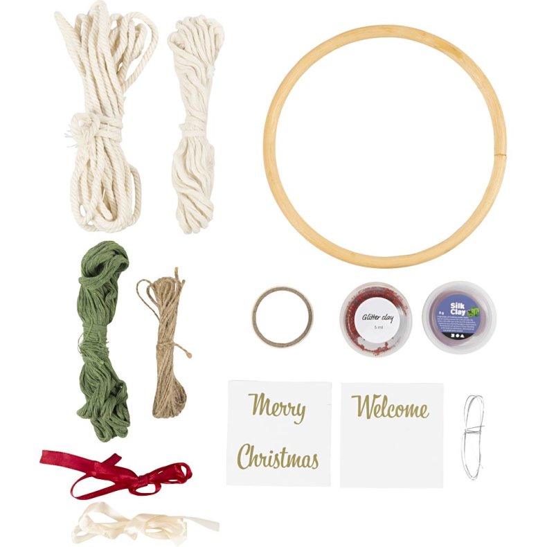 DIY Kit Macram&eacute;, Julekrans, mos gr&oslash;n, juler&oslash;d, r&aring;hvid, 1 pk.
