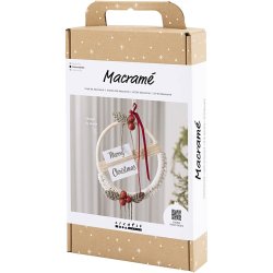 DIY Kit Macram&eacute;, Julekrans, mos gr&oslash;n, juler&oslash;d, r&aring;hvid, 1 pk.