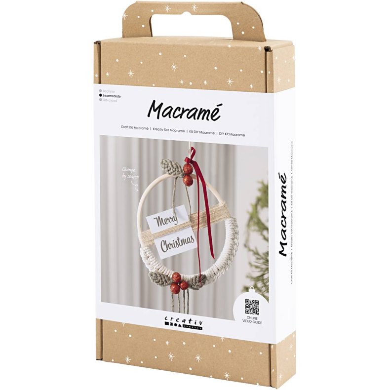 DIY Kit Macram&eacute;, Julekrans, mos gr&oslash;n, juler&oslash;d, r&aring;hvid, 1 pk.