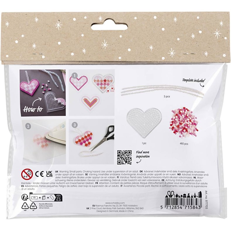 Mini DIY Kit R&oslash;rperler, Julehjerter, pink, lys pink, prim&aelig;r r&oslash;d, hvid, 1 pk.