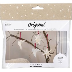 Mini DIY Kit Origami, Duer/stjerner, m&oslash;rk r&oslash;d, r&aring;hvid, 1 pk.