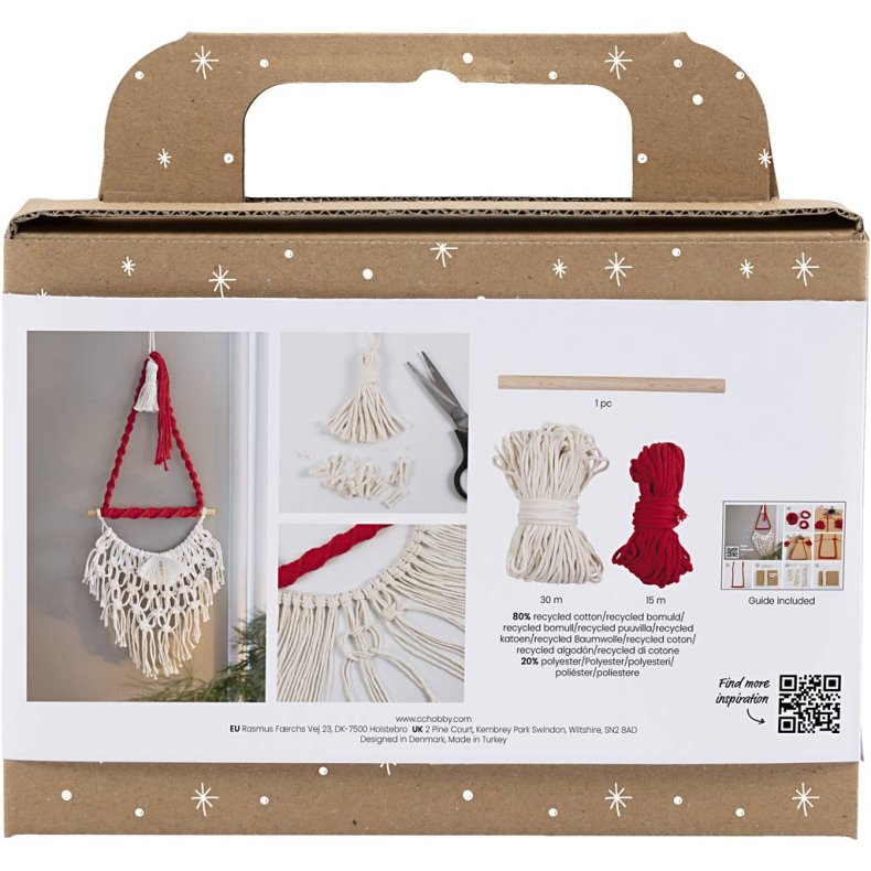Mini DIY Kit Macram&eacute;, Julemand, juler&oslash;d, r&aring;hvid, 1 pk.