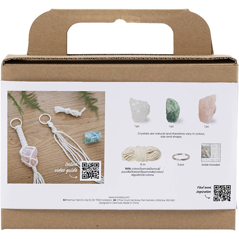 Mini DIY Kit Macram&eacute;, N&oslash;glering, mat transparent, st&oslash;vet gr&oslash;n, sart rosa, lys natur, 1 pk.