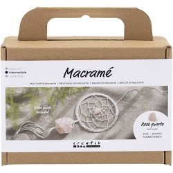 Mini DIY Kit Macram&eacute;, Dr&oslash;mmefanger med rosenkvarts krystal, lys rosa, hvid, 1 pk.
