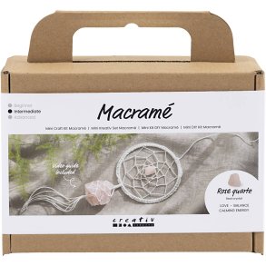 Mini DIY Kit Macram&eacute;, Dr&oslash;mmefanger med rosenkvarts krystal, lys rosa, hvid, 1 pk.
