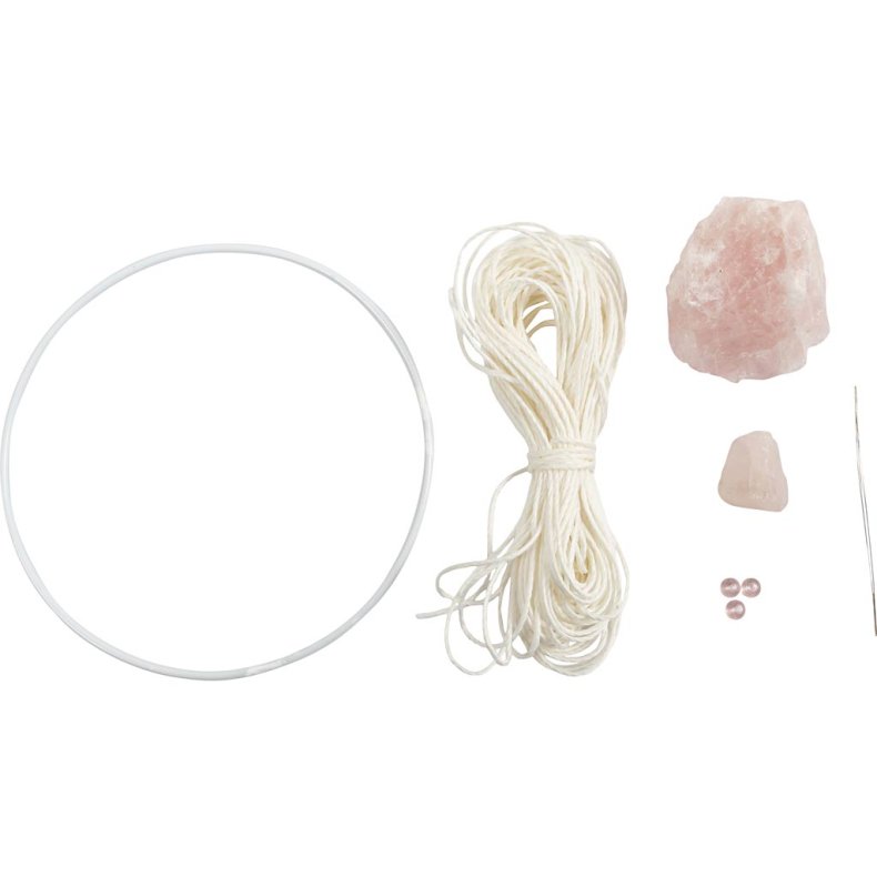 Mini DIY Kit Macram&eacute;, Dr&oslash;mmefanger med rosenkvarts krystal, lys rosa, hvid, 1 pk.