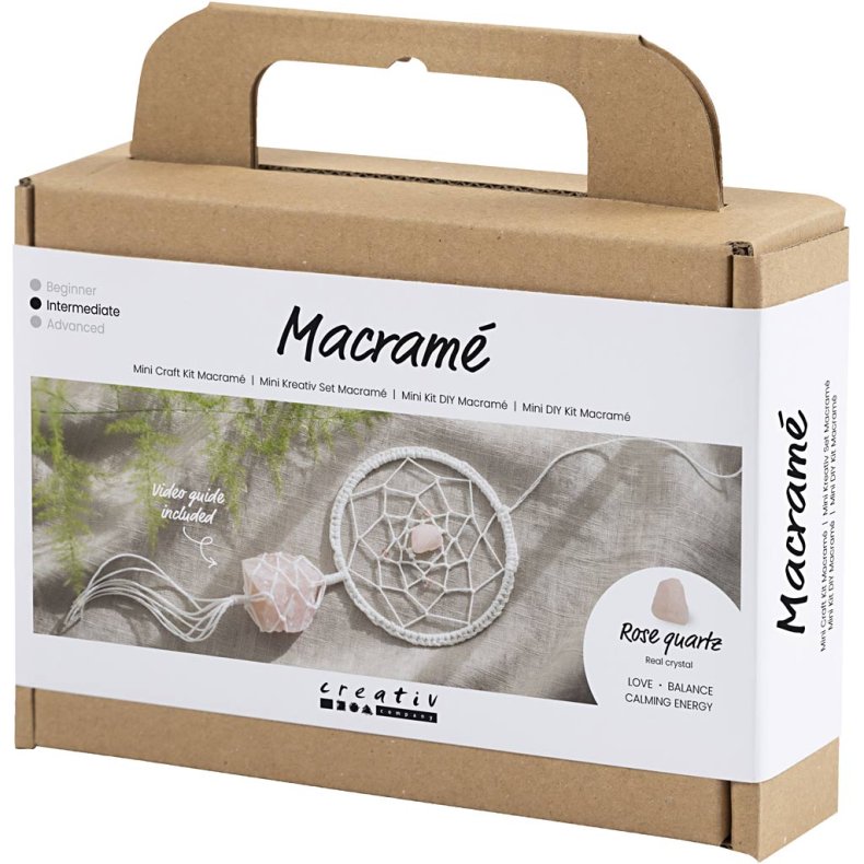 Mini DIY Kit Macram&eacute;, Dr&oslash;mmefanger med rosenkvarts krystal, lys rosa, hvid, 1 pk.