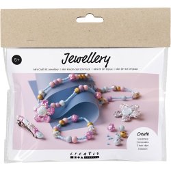 Mini DIY Kit Smykker, Halsk&aelig;de, armb&aring;nd, sp&aelig;nder, broche, bl&aring;, lys bl&aring;, pastelpink, 1 pk.