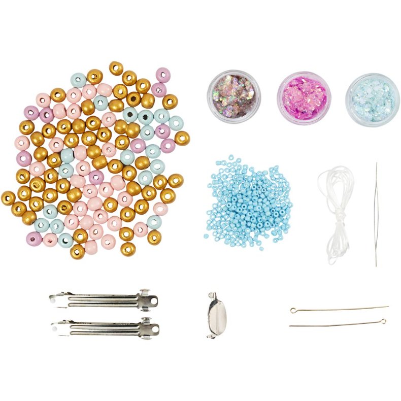 Mini DIY Kit Smykker, Halsk&aelig;de, armb&aring;nd, sp&aelig;nder, broche, bl&aring;, lys bl&aring;, pastelpink, 1 pk.