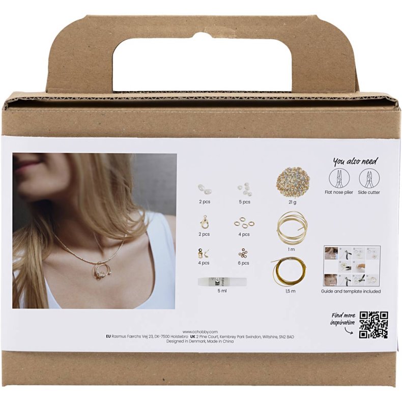 Mini DIY Kit Smykker, Halsk&aelig;de med wirevedh&aelig;ng, forgyldt, 1 pk.