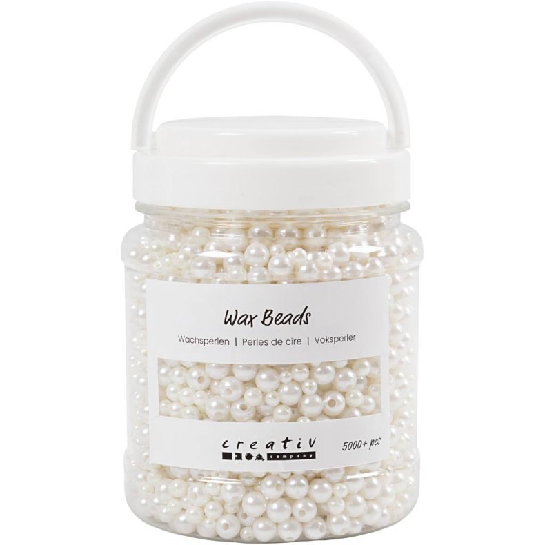 Voksperler, diam. 3-8 mm, hulstr. 1,3-2,5 mm, ca. 5000, hvid perlemor, 430 g, 700 ml/ 1 ds.