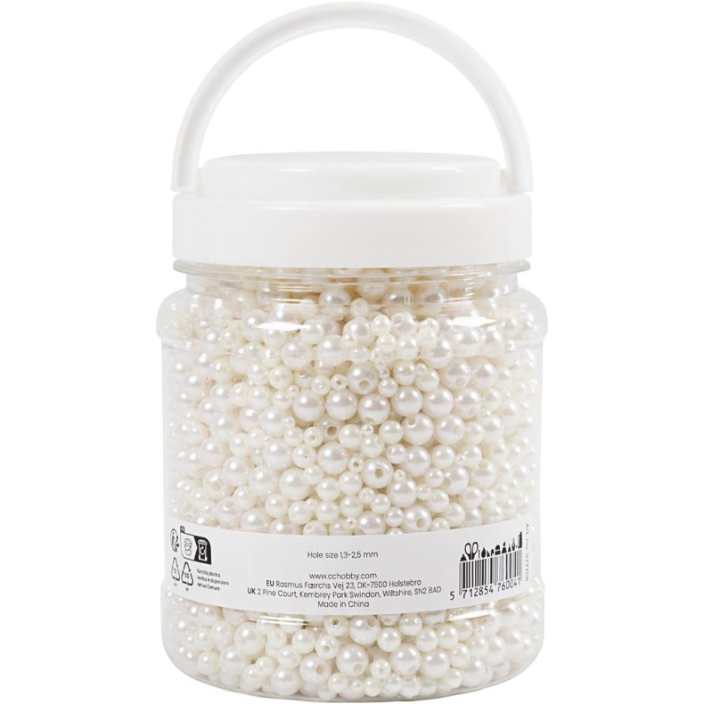 Voksperler, diam. 3-8 mm, hulstr. 1,3-2,5 mm, ca. 5000, hvid perlemor, 430 g, 700 ml/ 1 ds.
