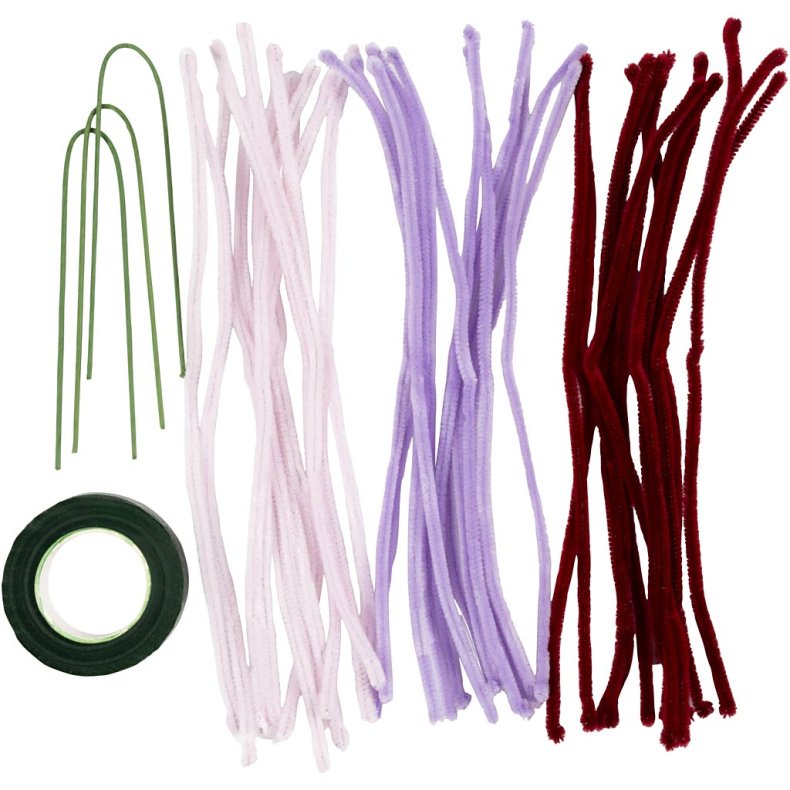 Mini DIY Kit Chenilleblomster, Spider lily, soft rosa, lys lilla, m&oslash;rk r&oslash;d, 1 pk.