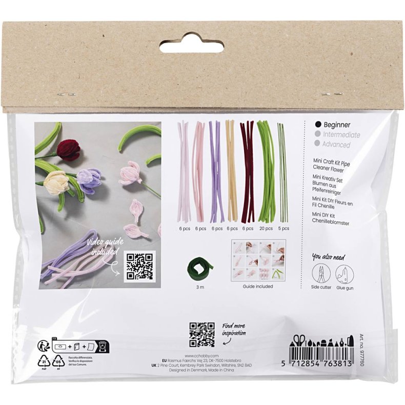 Mini DIY Kit Chenilleblomster, Tulipaner, ass. farver, 1 pk.