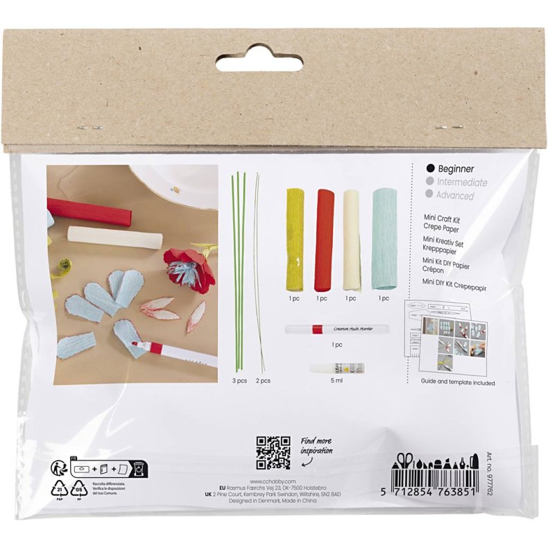 Mini DIY Kit Crepepapir, Crepeblomster, pastelfarver, 1 pk.