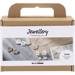 Mini DIY Kit Smykker, &Oslash;reringe, armb&aring;nd og halsk&aelig;de med blomsterdesign, beige, lys pudder, varm beige, 1 pk.