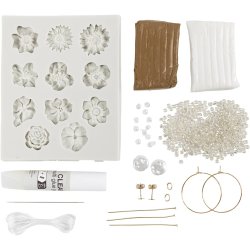 Mini DIY Kit Smykker, &Oslash;reringe, armb&aring;nd og halsk&aelig;de med blomsterdesign, beige, lys pudder, varm beige, 1 pk.