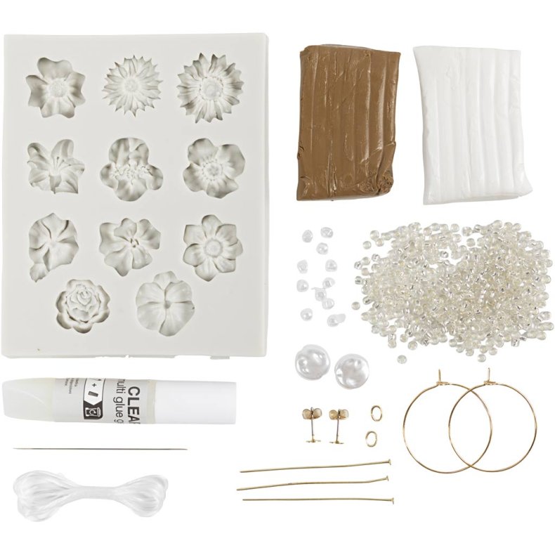 Mini DIY Kit Smykker, &Oslash;reringe, armb&aring;nd og halsk&aelig;de med blomsterdesign, beige, lys pudder, varm beige, 1 pk.