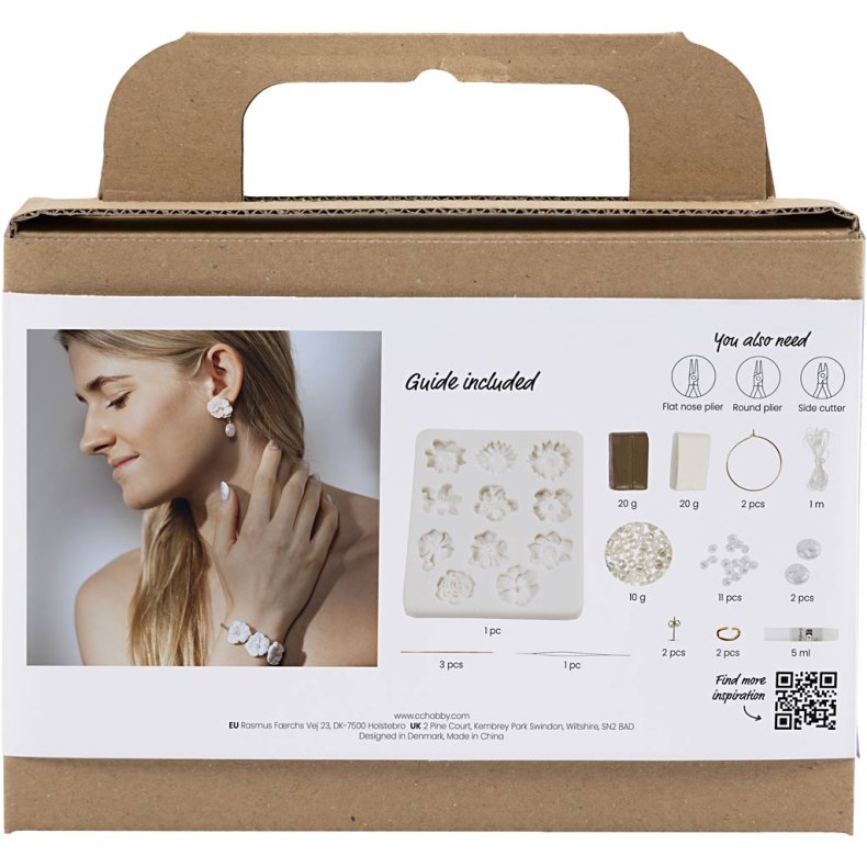 Mini DIY Kit Smykker, &Oslash;reringe, armb&aring;nd og halsk&aelig;de med blomsterdesign, beige, lys pudder, varm beige, 1 pk.