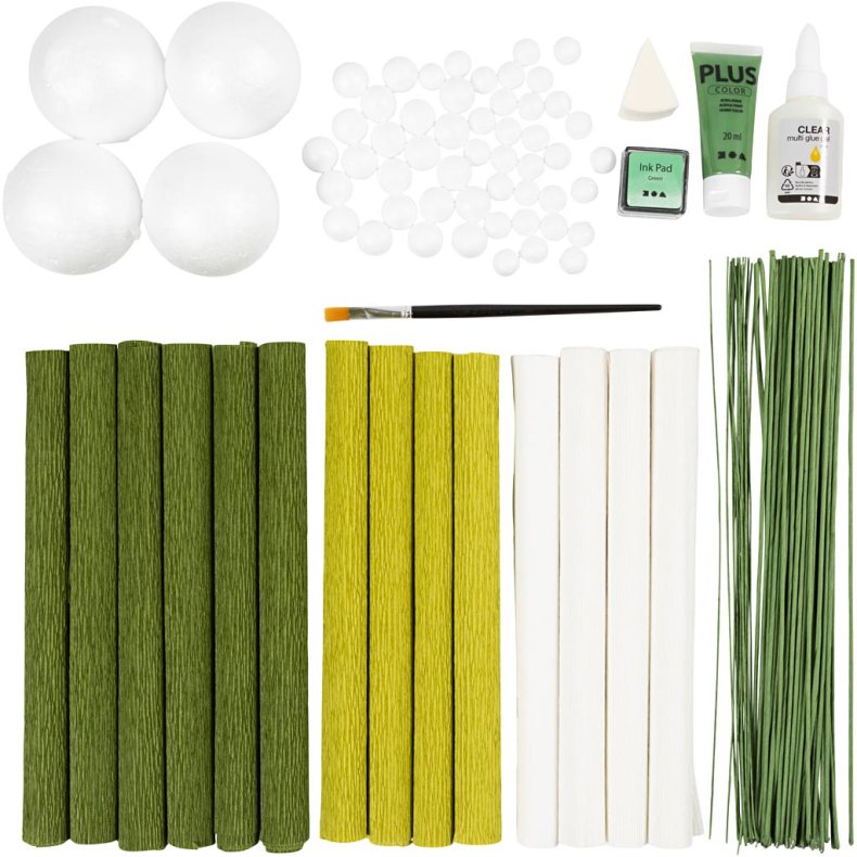 Maxi DIY Kit Crepepapir, Blomsterbuket, lys gr&oslash;n, m&oslash;rk gr&oslash;n, pastelgr&oslash;n, hvid, 1 pk.
