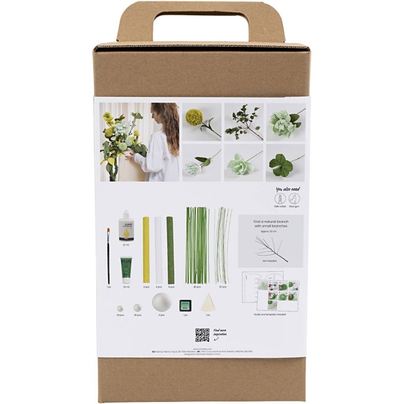 Maxi DIY Kit Crepepapir, Blomsterbuket, lys gr&oslash;n, m&oslash;rk gr&oslash;n, pastelgr&oslash;n, hvid, 1 pk.