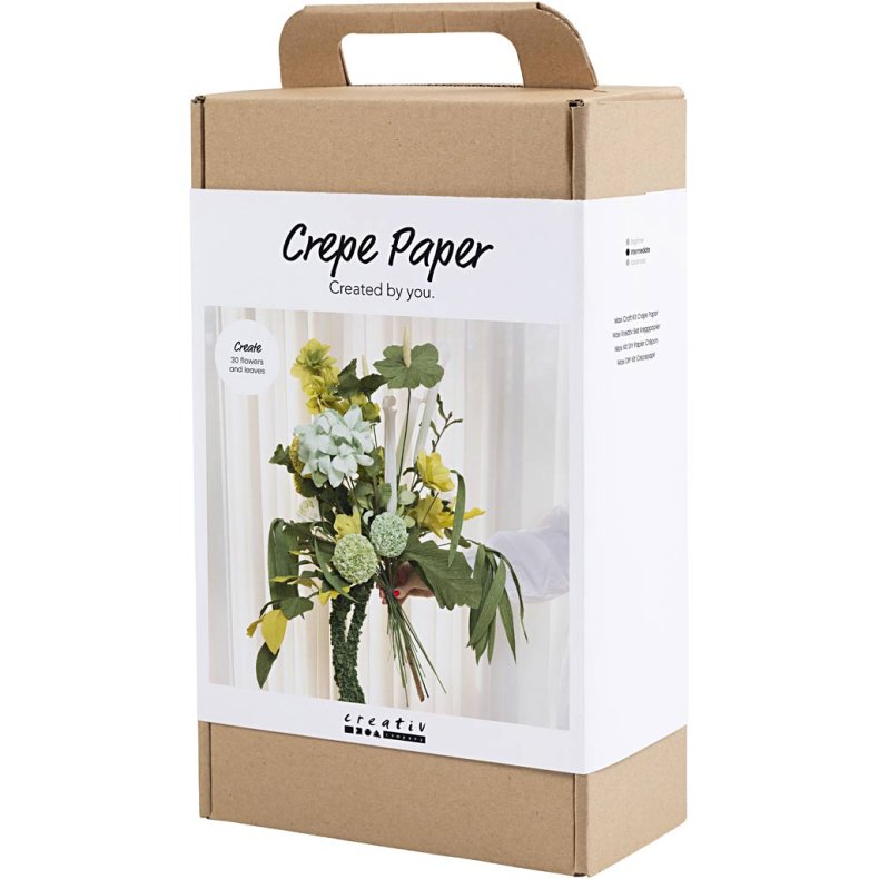 Maxi DIY Kit Crepepapir, Blomsterbuket, lys gr&oslash;n, m&oslash;rk gr&oslash;n, pastelgr&oslash;n, hvid, 1 pk.