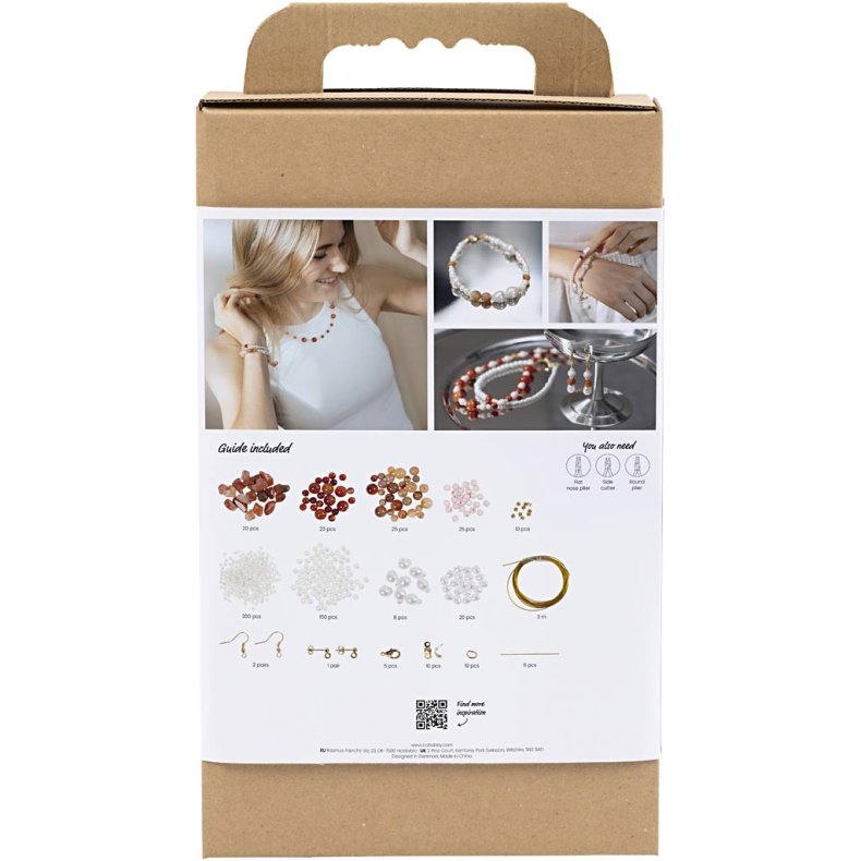 DIY Kit Smykker, beige, br&aelig;ndt orange, hvid perlemor, 1 pk.