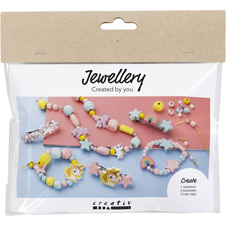 Mini DIY Kit Smykker, Halsk&aelig;de, armb&aring;nd, h&aring;rpynt, lys bl&aring;, lys r&oslash;d, gul, 1 pk.