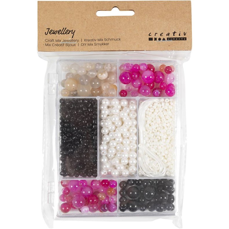 DIY Mix Smykker, Agater, str. 2,6-10 mm, hulstr. 0,8-1,8 mm, ca. 2740 stk., beige, sort, pink, hvid perlemor, 1 pk.