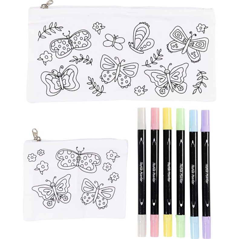 Mini DIY Kit Tekstilfarvel&aelig;gning, Sommerfugl, pastelfarver, 1 pk.