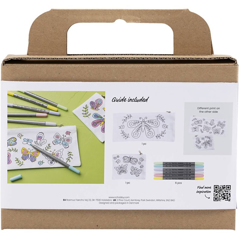 Mini DIY Kit Tekstilfarvel&aelig;gning, Sommerfugl, pastelfarver, 1 pk.