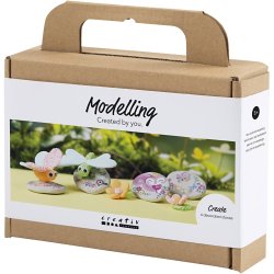 Mini DIY Kit Modellering, Sten med insekt, gr&aring;, lys pink, lys turkis, 1 pk.